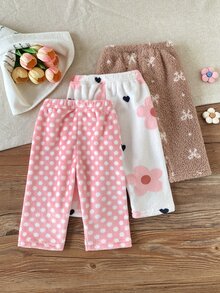 SHEIN Playful Pals 3件組幼女毛絨長褲，可愛甜美粉白愛心花朵蝴蝶結印花，加厚彈性秋冬休閒下著 - 彩色 - 查看 2