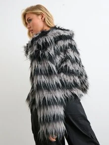 BAD SUNDAY Women's Autumn/Winter Striped Faux Fur Oversized Jacket, Y2K Vintage Style - Multicolor - View 2