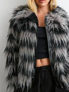 BAD SUNDAY Women's Autumn/Winter Striped Faux Fur Oversized Jacket, Y2K Vintage Style - Multicolor - View 8