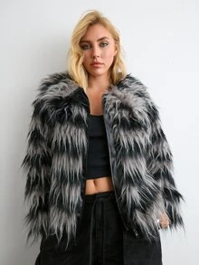 BAD SUNDAY Women's Autumn/Winter Striped Faux Fur Oversized Jacket, Y2K Vintage Style - Multicolor - View 6