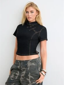 BAD SUNDAY Autumn/Winter Women's Chinese Style Frog Button Stand Collar Slim Fit Cropped Short Sleeve Denim Top, Y2K - Blue - View 1