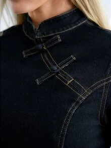 BAD SUNDAY Autumn/Winter Women's Chinese Style Frog Button Stand Collar Slim Fit Cropped Short Sleeve Denim Top, Y2K - Blue - View 7