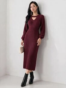 Heiryn 女款休閒優雅純色鏤空燈籠袖修身長版毛衣洋裝，適合秋冬早午餐、晚餐與辦公室穿著 - 酒紅色 - 查看 2