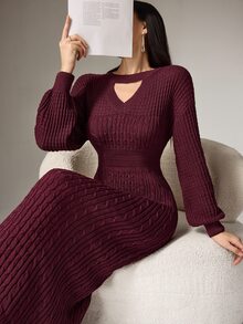 Heiryn 女款休閒優雅純色鏤空燈籠袖修身長版毛衣洋裝，適合秋冬早午餐、晚餐與辦公室穿著 - 酒紅色 - 查看 11