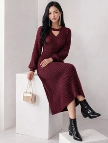 Heiryn 女款休閒優雅純色鏤空燈籠袖修身長版毛衣洋裝，適合秋冬早午餐、晚餐與辦公室穿著 - 酒紅色 - 查看 8