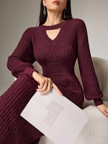 Heiryn 女款休閒優雅純色鏤空燈籠袖修身長版毛衣洋裝，適合秋冬早午餐、晚餐與辦公室穿著 - 酒紅色 - 查看 12