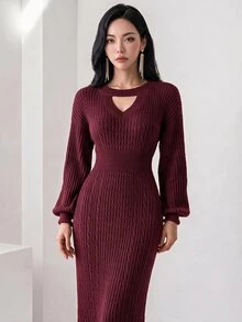 Heiryn 女款休閒優雅純色鏤空燈籠袖修身長版毛衣洋裝，適合秋冬早午餐、晚餐與辦公室穿著 - 酒紅色 - 查看 7