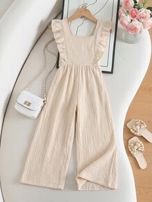SHEIN Tween Girls Fashion Casual Cute Apricot Jumpsuit With Bow Decor, Summer Vacation Jumpsuit, Versatile All-In-One, Cotton - Apricot - View 5
