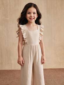 SHEIN Tween Girls Fashion Casual Cute Apricot Jumpsuit With Bow Decor, Summer Vacation Jumpsuit, Versatile All-In-One, Cotton - Apricot - View 1