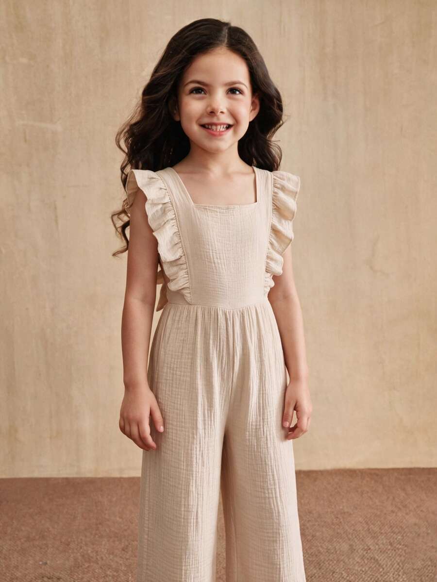 SHEIN Tween Girls Fashion Casual Cute Apricot Jumpsuit With Bow Decor, Summer Vacation Jumpsuit, Versatile All-In-One, Cotton - Apricot - View 1