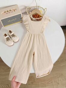 SHEIN Tween Girls Fashion Casual Cute Apricot Jumpsuit With Bow Decor, Summer Vacation Jumpsuit, Versatile All-In-One, Cotton - Apricot - View 4