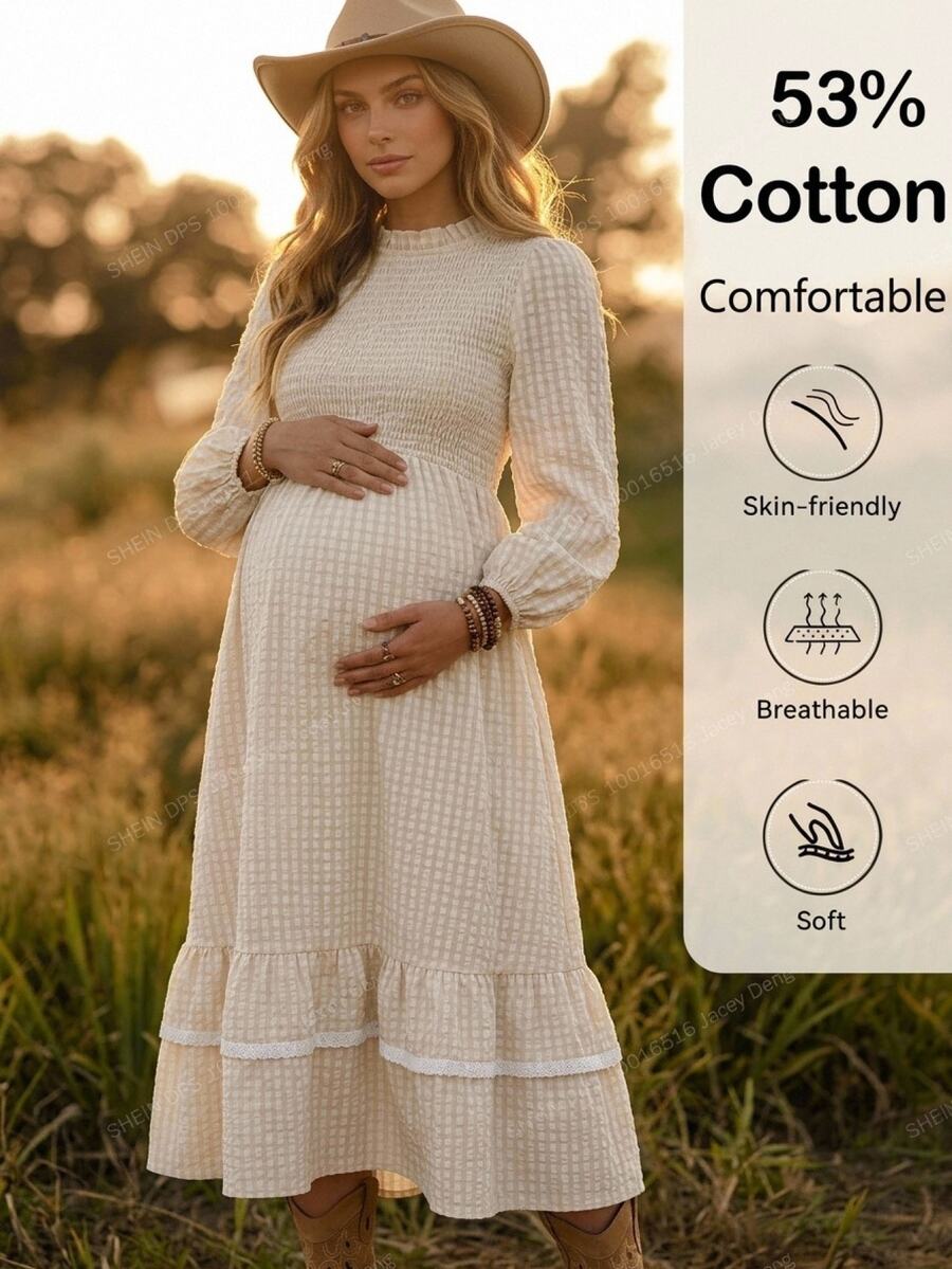 Boho Mama Maternity Solid Color Pleated Casual Matching Party Photoshoot Travel Summer Dress Winter Outfit For Women Going Out Tops Fall White - Khaki - View 1