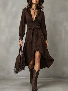 SHEIN Đầm nữ màu trơn cổ chữ V sâu phong cách boho thường ngày, dự tiệc, đi du lịch, Lễ Tạ ơn, màu nâu đậm, mùa thu - Màu nâu tối - Xem 3