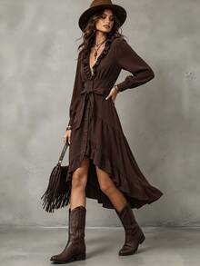 SHEIN Đầm nữ màu trơn cổ chữ V sâu phong cách boho thường ngày, dự tiệc, đi du lịch, Lễ Tạ ơn, màu nâu đậm, mùa thu - Màu nâu tối - Xem 4