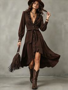 SHEIN Đầm nữ màu trơn cổ chữ V sâu phong cách boho thường ngày, dự tiệc, đi du lịch, Lễ Tạ ơn, màu nâu đậm, mùa thu - Màu nâu tối - Xem 1
