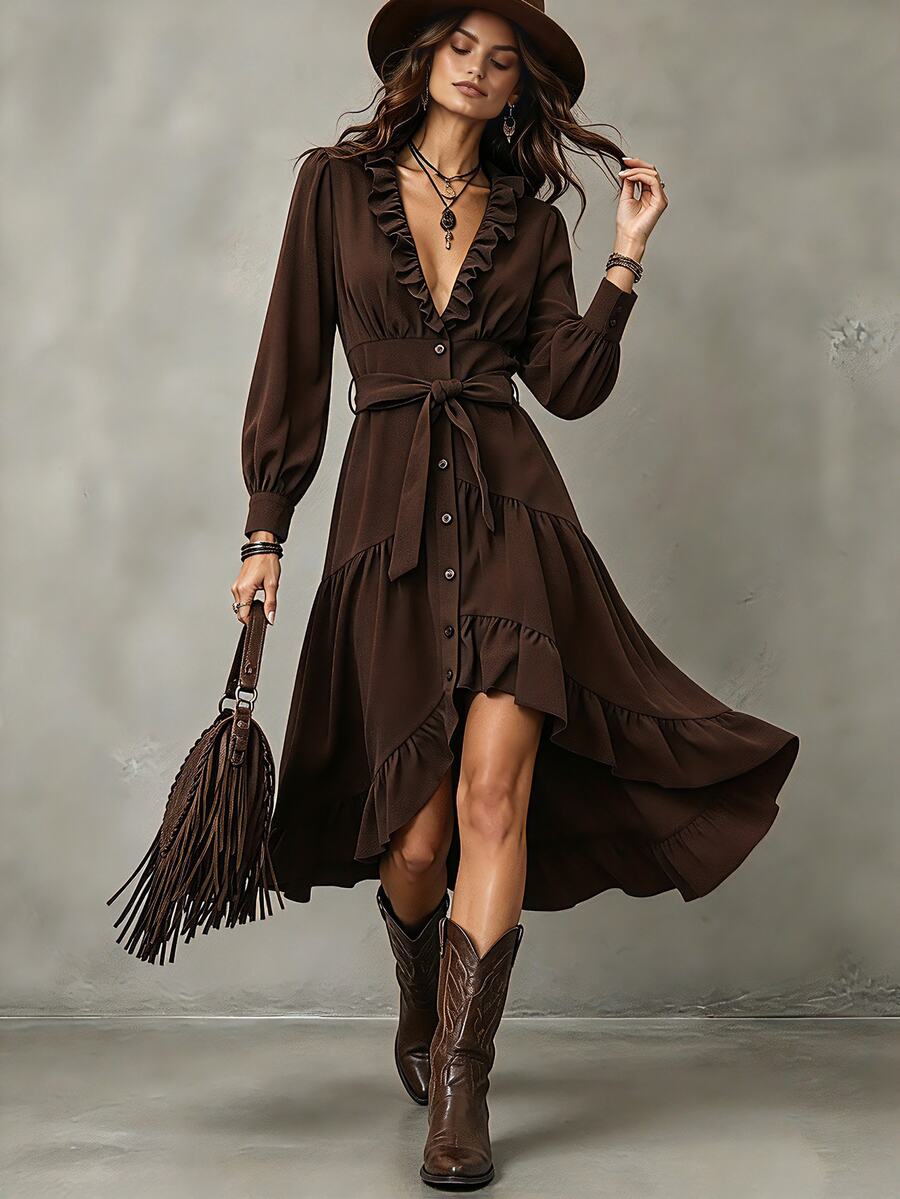 SHEIN Đầm nữ màu trơn cổ chữ V sâu phong cách boho thường ngày, dự tiệc, đi du lịch, Lễ Tạ ơn, màu nâu đậm, mùa thu - Màu nâu tối - Xem 1