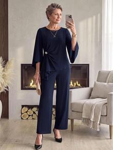 Miaspire Elegant Mature, Sparkly Asymmetrical Ruffle, Two Piece Set, Chiffon Navy Blue, Wide Leg Batwing, Evening Party Wedding, Christmas Fall Winter - Blue - View 1