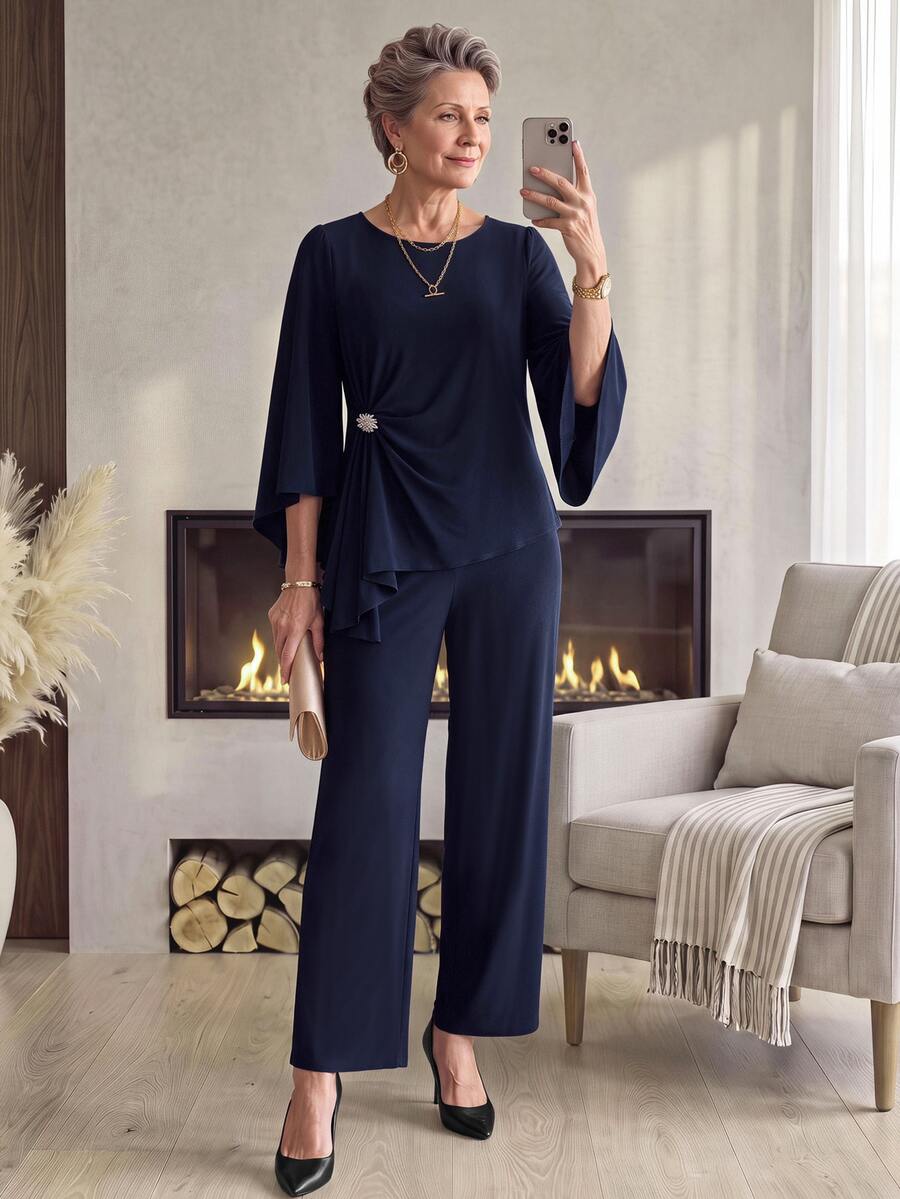 Miaspire Elegant Mature, Sparkly Asymmetrical Ruffle, Two Piece Set, Chiffon Navy Blue, Wide Leg Batwing, Evening Party Wedding, Christmas Fall Winter - Blue - View 1