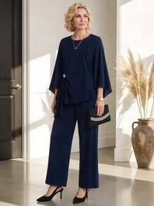 Miaspire Elegant Mature, Sparkly Asymmetrical Ruffle, Two Piece Set, Chiffon Navy Blue, Wide Leg Batwing, Evening Party Wedding, Christmas Fall Winter - Blue - View 6