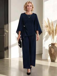 Miaspire Elegant Mature, Sparkly Asymmetrical Ruffle, Two Piece Set, Chiffon Navy Blue, Wide Leg Batwing, Evening Party Wedding, Christmas Fall Winter - Blue - View 7