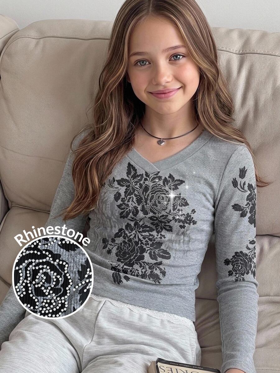 Tween Girl Grey Ribbed Knit Floral Wing Pattern V-Neck Long Sleeve Casual T-Shirt - Grey - View 1