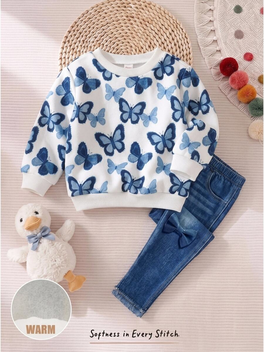 Cozy Pixies Kids Kids Kids Girls' 2 Pieces Set: Loose-Fit Knit Crew-Neck Sweatshirt With Butterfly Print & Casual Pants ,Autumn/Winter, Thick And Warm - Multicolor - View 1