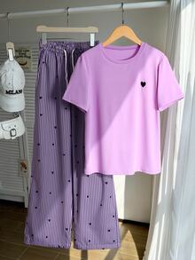 SHEIN Teen Girls 2pcs/Set Round Neck Heart Print Short Sleeve T-Shirt And Striped Pants Set, Summer, Cute Katseye, Casual Birthday White Black Party Cruise - Purple - View 8