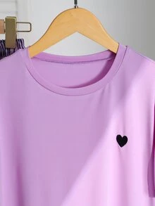 SHEIN Teen Girls 2pcs/Set Round Neck Heart Print Short Sleeve T-Shirt And Striped Pants Set, Summer, Cute Katseye, Casual Birthday White Black Party Cruise - Purple - View 5