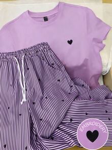 SHEIN Teen Girls 2pcs/Set Round Neck Heart Print Short Sleeve T-Shirt And Striped Pants Set, Summer, Cute Katseye, Casual Birthday White Black Party Cruise - Purple - View 4