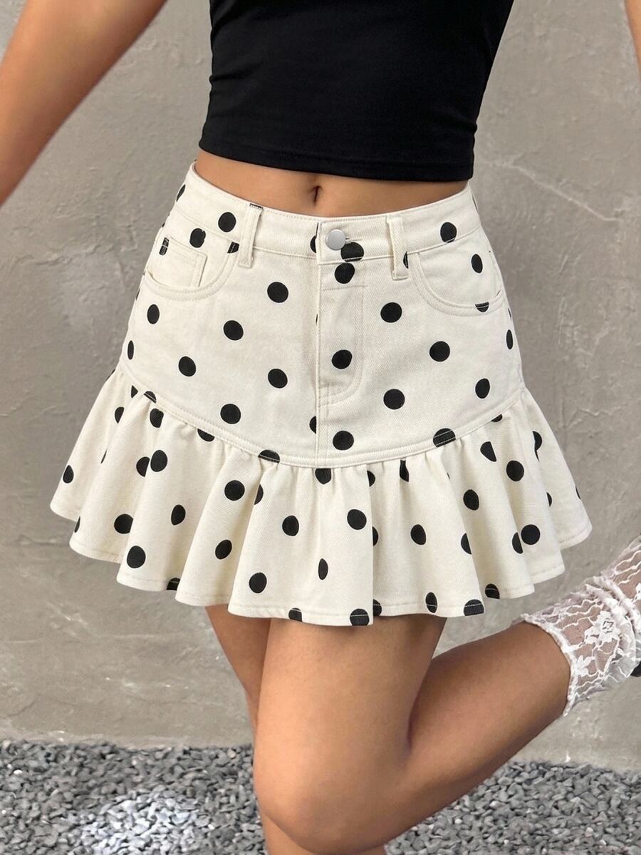 SHEIN 女童波點杏色 Y2K 時尚裙 秋季萬聖節節慶返校新年生日白色裙 - 杏色 - 查看 1