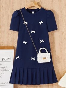 Tween Girls 1pc Tween Girls' 3D Bow Decor Short Sleeve Pleated Mini Dress, Loose Fit, Spring/Summer,Holiday,Summer,Travel, Casual, Daily, Outfit - Royal Blue - View 7