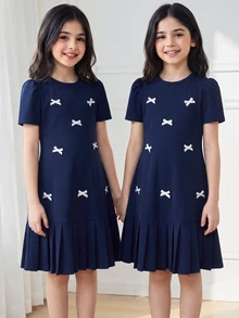 Tween Girls 1pc Tween Girls' 3D Bow Decor Short Sleeve Pleated Mini Dress, Loose Fit, Spring/Summer,Holiday,Summer,Travel, Casual, Daily, Outfit - Royal Blue - View 2