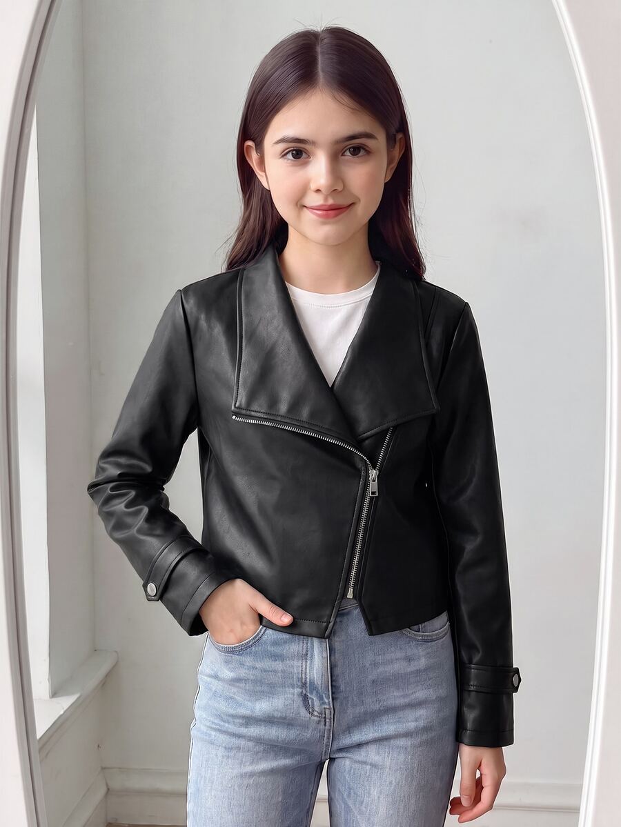 SHEIN 青少年女孩秋季黑色酷感現代人造皮革拉鍊夾克,休閒可愛街頭風,返校穿搭,秋季職業日造型 - 黑色 - 查看 1