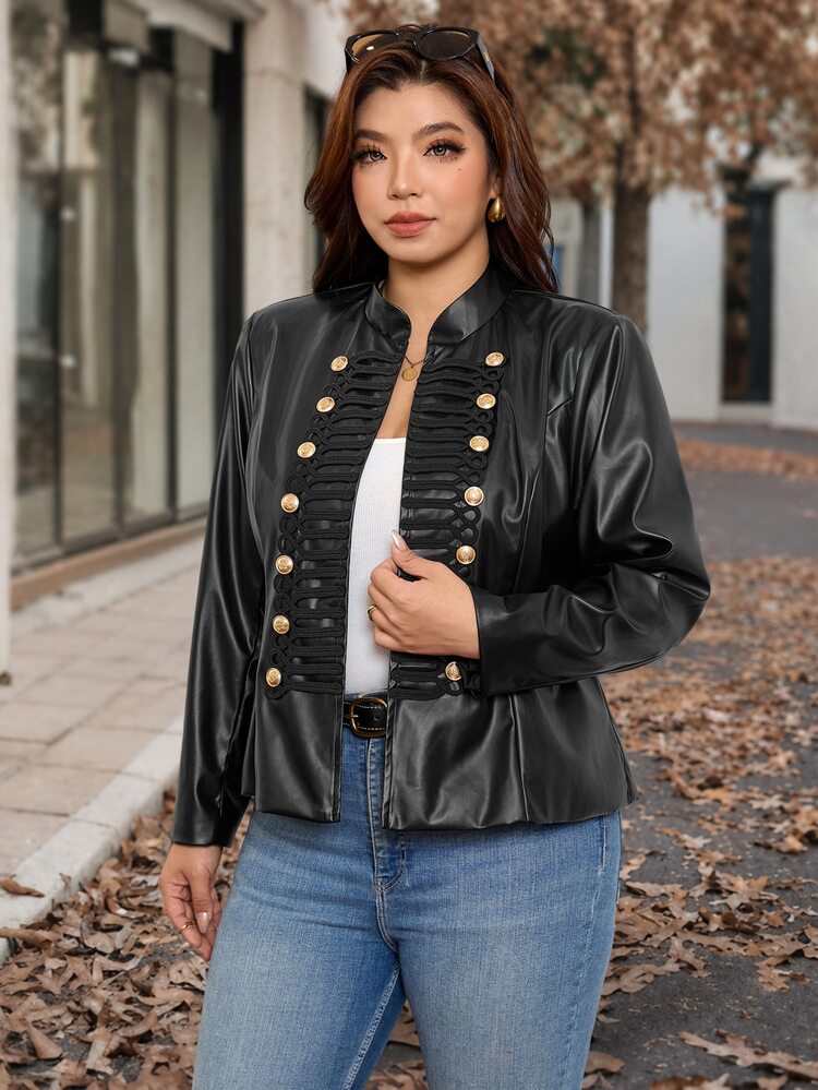 SHEIN Clasi Plus Size Women's PU Leather Long Sleeve Button Design Napoleon Jacket Winter - Brown - View 5