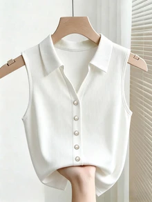 SHEIN Franclia 女士无袖罗纹针织修身背心，适合夏季、春季、情人节、浪漫约会、海滩、婚礼、生日、外出、优雅休闲、度假等场合。女士罗纹无袖Polo衫，优雅纽扣无袖上衣，女士夏季针织衫，经典无袖衬衫，翻领无袖衬衫，女士优雅商务休闲上衣，无袖翻领上衣，罗纹针织上衣，珍珠纽扣上衣，女士上衣，优雅女装 - 白色 - 查看 6