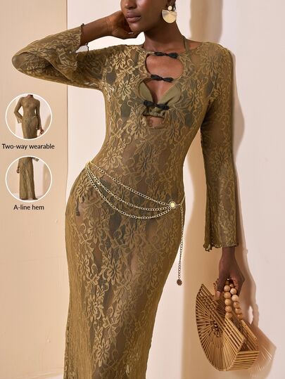Zivah New Elegant Women's New Chinese Style Frog Button Design French Lace Fabric Bell Sleeve Long Dress, Reversible Wearable Cover-Up, Suitable For Multiple Occasions, Beach Vacation, Commuting, Travel, Party, Gathering