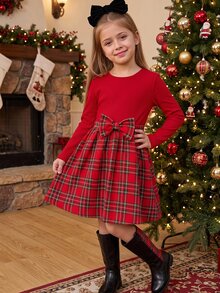 SHEIN Young Girl Cute Spring/Autumn Kids Patchwork Dress, Vintage Red Top With Large Bow, Ditsy Floral Long Sleeve Princess Dress - Red - View 1
