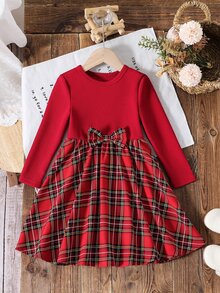 SHEIN Young Girl Cute Spring/Autumn Kids Patchwork Dress, Vintage Red Top With Large Bow, Ditsy Floral Long Sleeve Princess Dress - Red - View 4