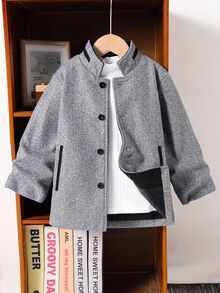 SHEIN 小男孩白色鈕扣前開大衣，不含T恤，秋季款 - 灰色 - 查看 3