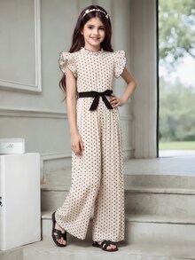 SHEIN 少女米色夏季優雅可愛派對百褶連身褲，抓皺領口，可拆卸腰帶，荷葉袖，適合婚禮、購物 - 杏色 - 查看 3