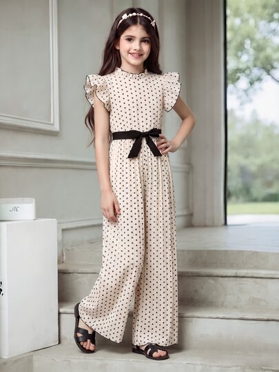 SHEIN Mono de fiesta elegante y lindo para niñas preadolescentes, con lunares negros y blancos, plisado, cuello fruncido, cinturón desmontable, mangas con volantes, para verano, bodas y compras