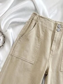 SHEIN Teen Girl Khaki Loose Wide Leg Denim Jeans - Khaki - View 3