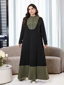 Al Najma 大尺碼女款對比色鈕扣半開襟長袖寬鬆阿拉伯風洋裝 - 黑色 - 查看 7