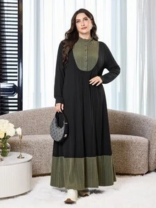 Al Najma 大尺碼女款對比色鈕扣半開襟長袖寬鬆阿拉伯風洋裝 - 黑色 - 查看 5