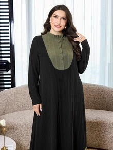 Al Najma 大尺碼女款對比色鈕扣半開襟長袖寬鬆阿拉伯風洋裝 - 黑色 - 查看 3