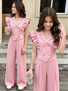 SHEIN 1 Set Girls' Elegant Sweet Style Lapel Collar Ruffle Flutter Sleeve Double-Breasted Vest + Wide Leg Pants Set, Commuter Elegant 2-Piece Outfit For Birthday Party, Gathering, Daily Wear, Spring/Summer - Pink - View 4