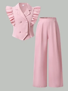 SHEIN 1 Set Girls' Elegant Sweet Style Lapel Collar Ruffle Flutter Sleeve Double-Breasted Vest + Wide Leg Pants Set, Commuter Elegant 2-Piece Outfit For Birthday Party, Gathering, Daily Wear, Spring/Summer - Pink - View 5