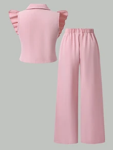 SHEIN 1 Set Girls' Elegant Sweet Style Lapel Collar Ruffle Flutter Sleeve Double-Breasted Vest + Wide Leg Pants Set, Commuter Elegant 2-Piece Outfit For Birthday Party, Gathering, Daily Wear, Spring/Summer - Pink - View 3