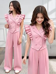 SHEIN 1 Set Girls' Elegant Sweet Style Lapel Collar Ruffle Flutter Sleeve Double-Breasted Vest + Wide Leg Pants Set, Commuter Elegant 2-Piece Outfit For Birthday Party, Gathering, Daily Wear, Spring/Summer - Pink - View 2