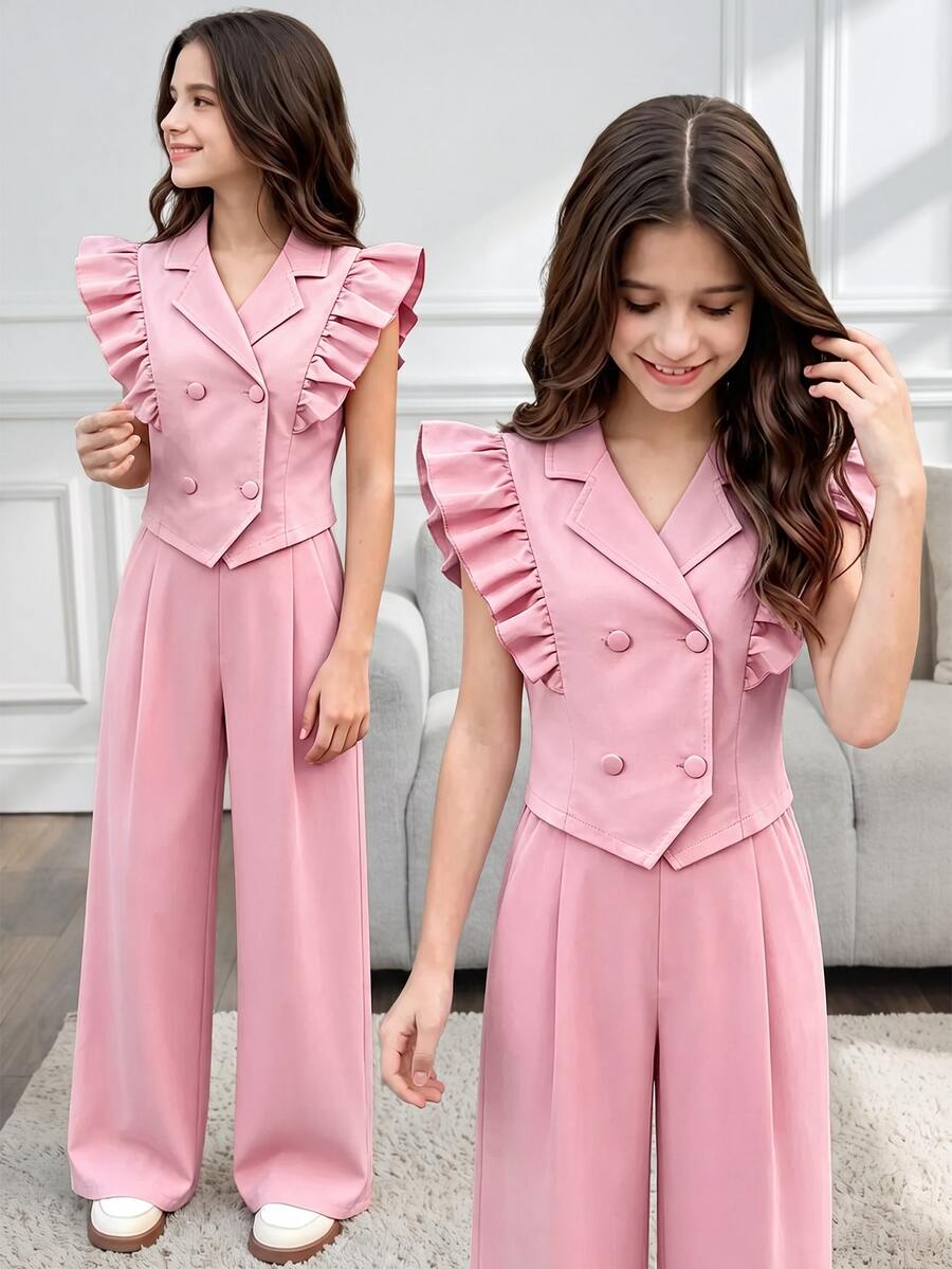 SHEIN 1 Set Girls' Elegant Sweet Style Lapel Collar Ruffle Flutter Sleeve Double-Breasted Vest + Wide Leg Pants Set, Commuter Elegant 2-Piece Outfit For Birthday Party, Gathering, Daily Wear, Spring/Summer